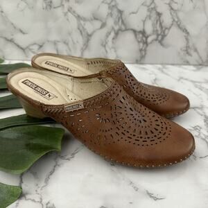 Pikolinos Mules Heels Size 39 Brown Leather Perforated Floral Wedge Slip On
